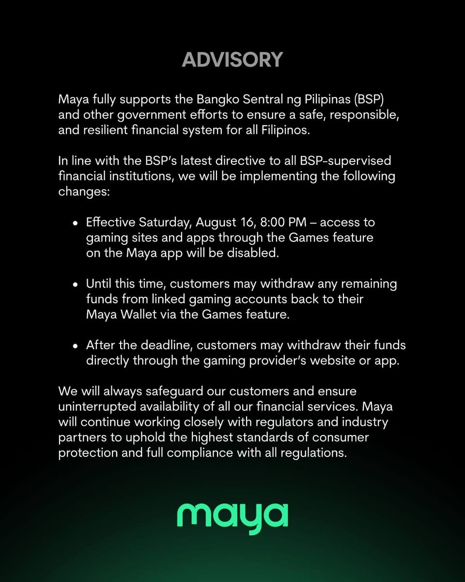 Maya Advisory on BSP directive on gambling